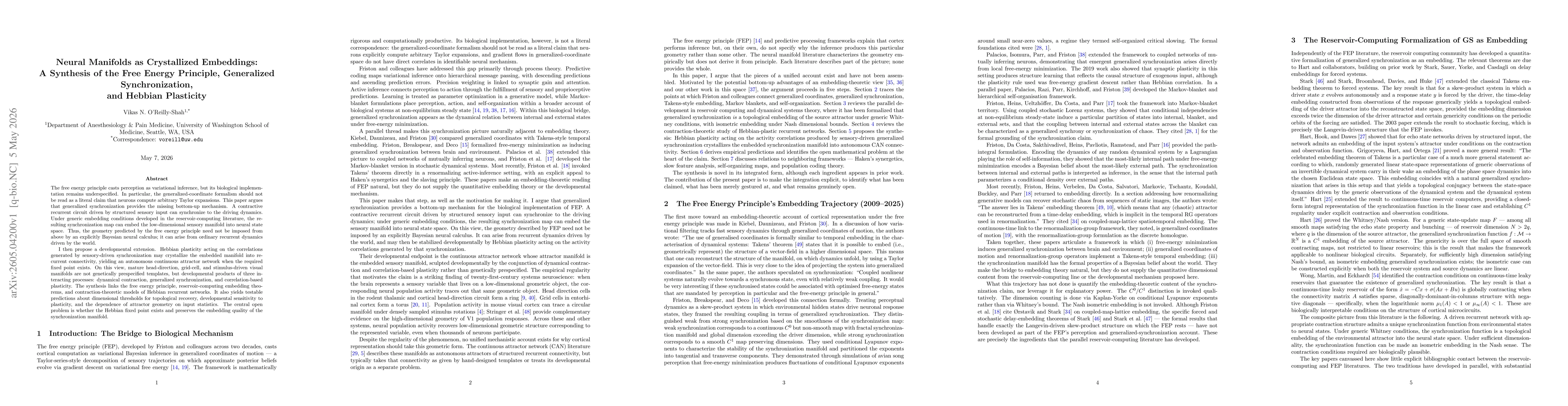 Thumbnail for Neural Manifolds as Crystallized Embeddings: A Synthesis of the Free Energy Principle, Generalized Synchronization, and Hebbian Plasticity