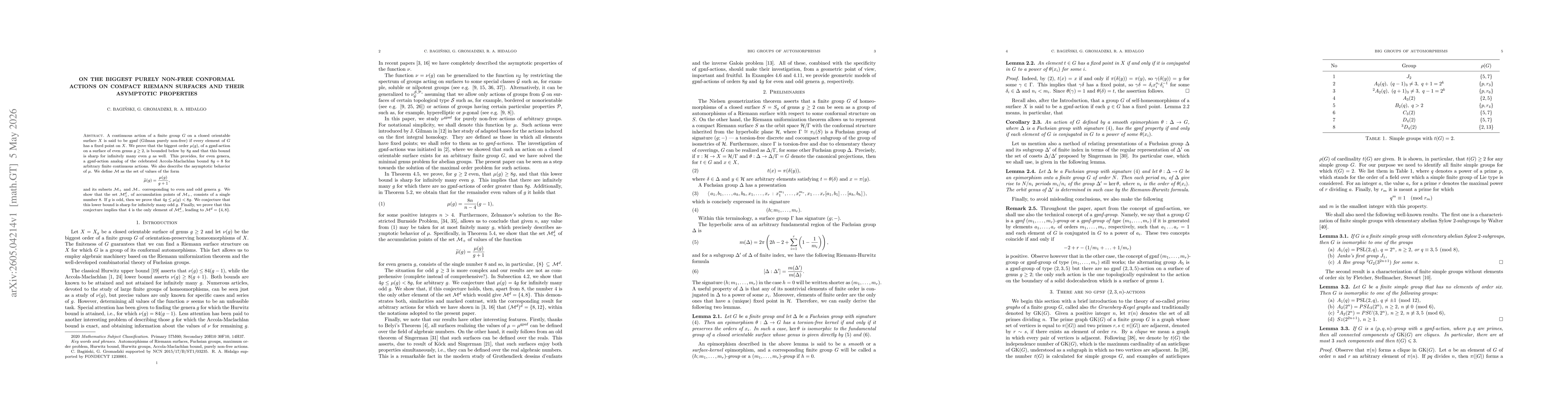Thumbnail for On the biggest purely non-free conformal actions on compact Riemann surfaces and their asymptotic properties