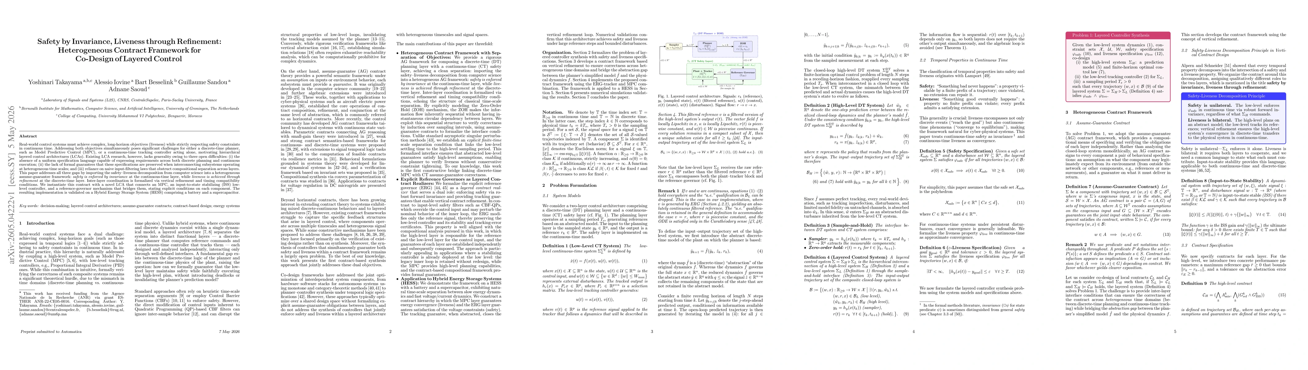 Thumbnail for Safety by Invariance, Liveness through Refinement: Heterogeneous Contract Framework for Co-Design of Layered Control
