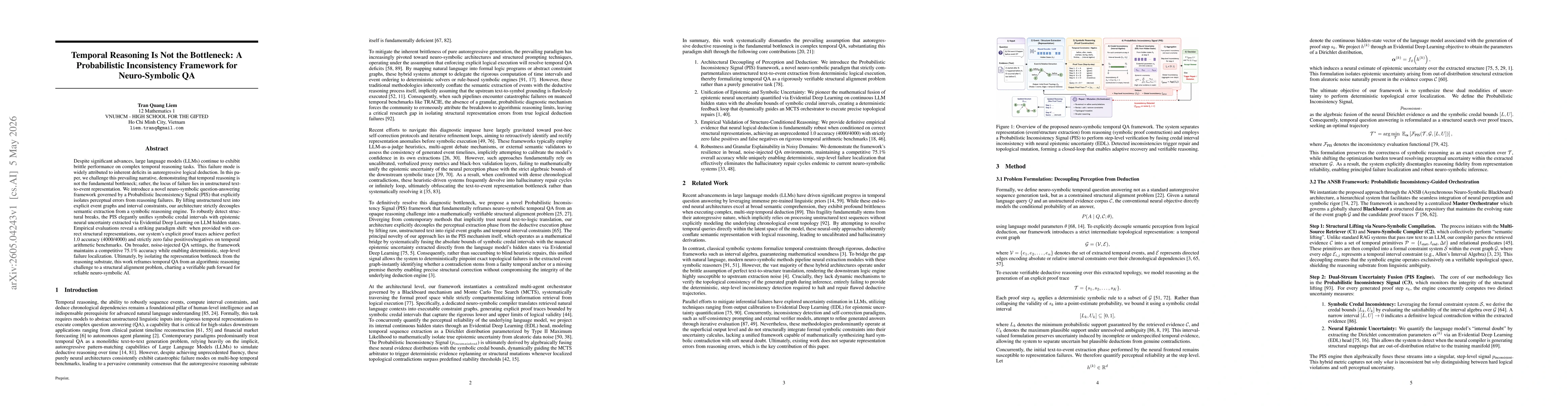 Thumbnail for Temporal Reasoning Is Not the Bottleneck: A Probabilistic Inconsistency Framework for Neuro-Symbolic QA