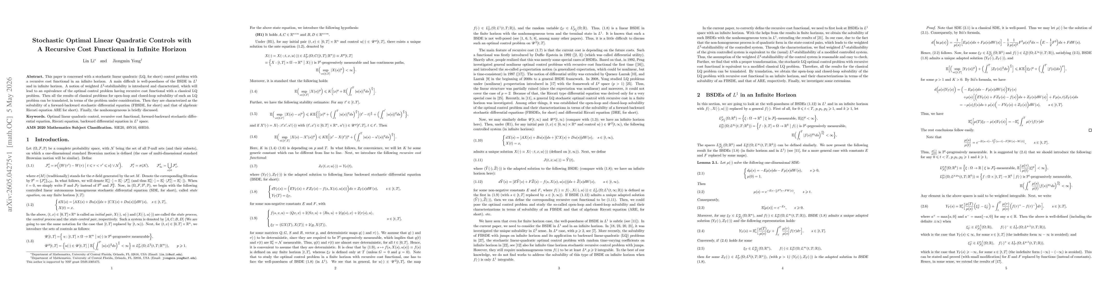 Thumbnail for Stochastic Optimal Linear Quadratic Controls with A Recursive Cost Functional in Infinite Horizon