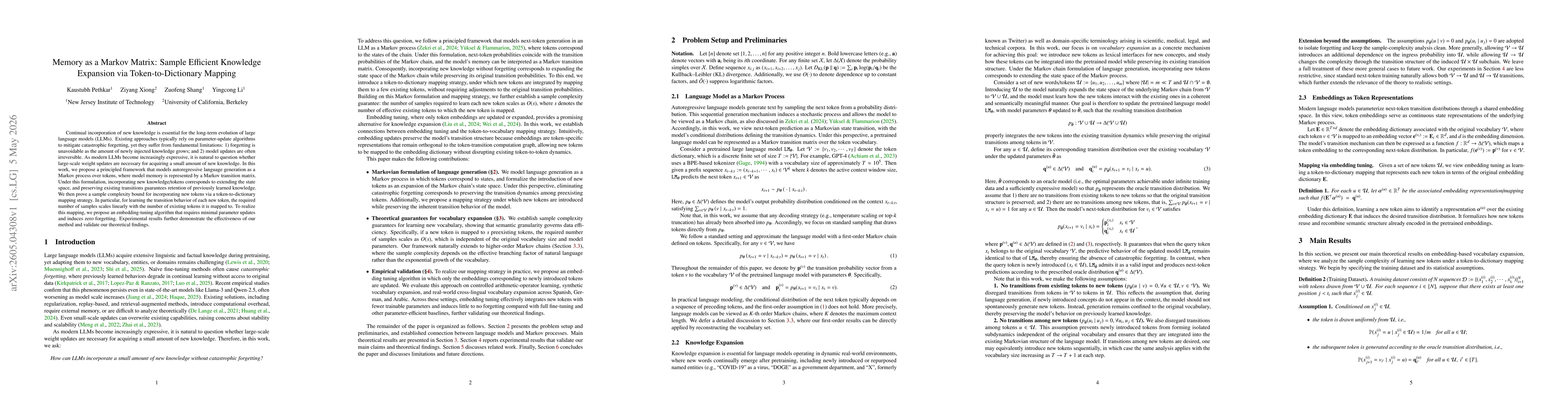 Thumbnail for Memory as a Markov Matrix: Sample Efficient Knowledge Expansion via Token-to-Dictionary Mapping