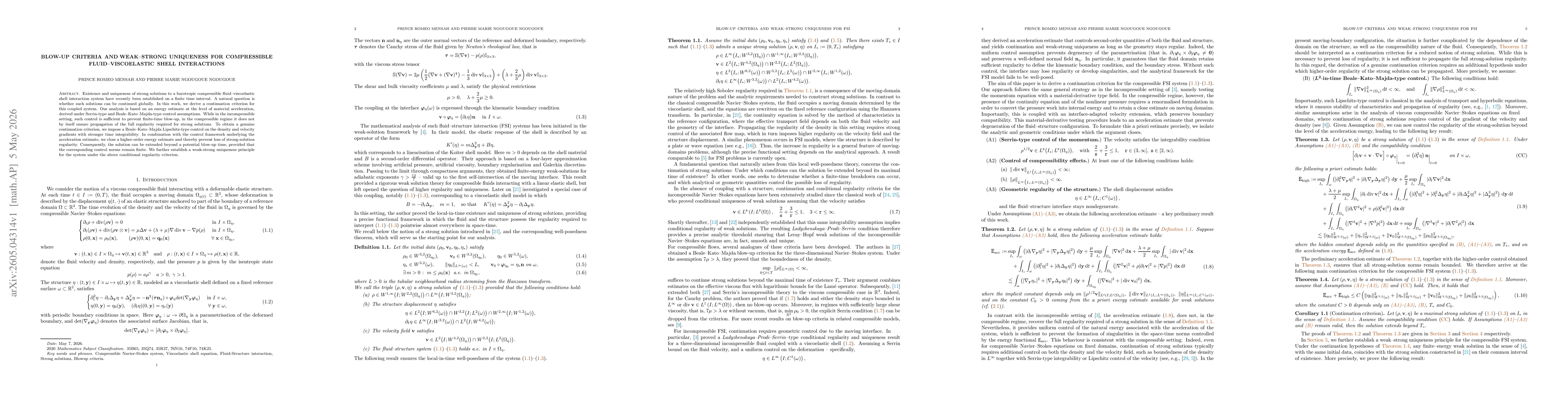 Thumbnail for Blow-Up Criteria and Weak--Strong Uniqueness for Compressible Fluid--Viscoelastic Shell Interactions