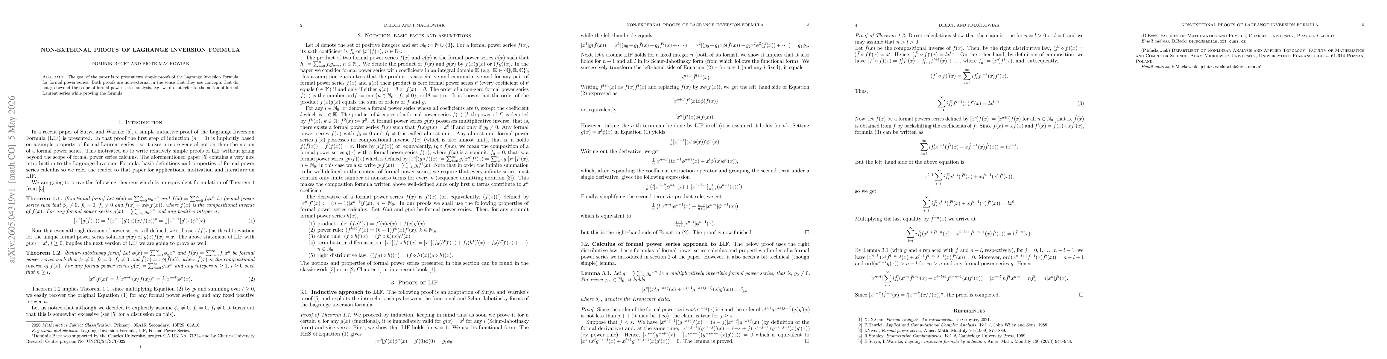 Thumbnail for Non-external Proofs of Lagrange Inversion Formula