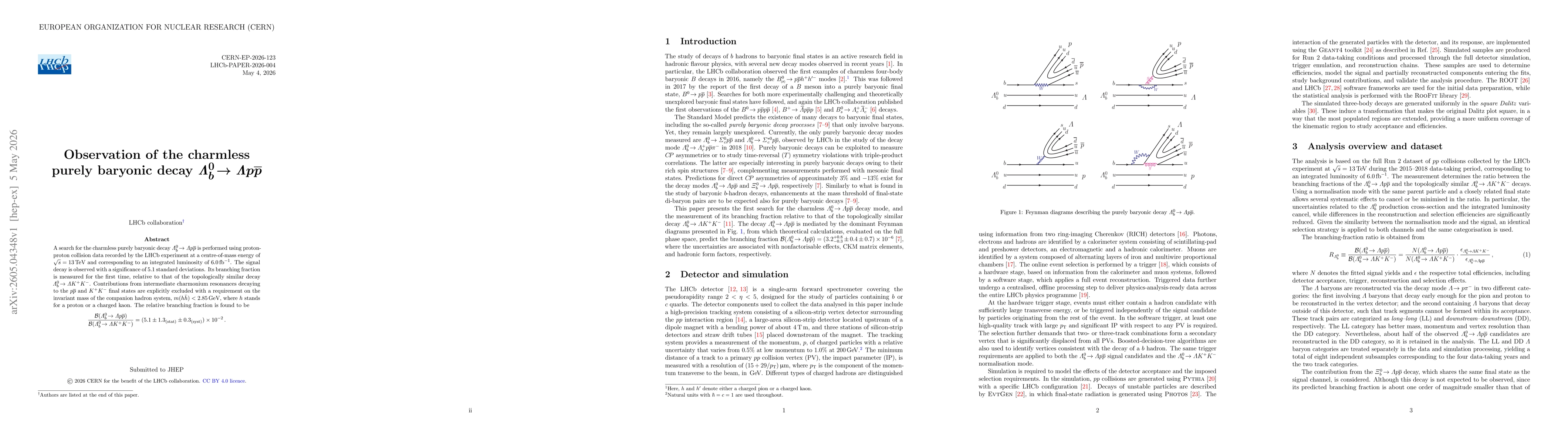 Thumbnail for Observation of the charmless purely baryonic decay $\mathinner{\mathitΛ^0_b\!\to \mathitΛ p \overline{p}}$