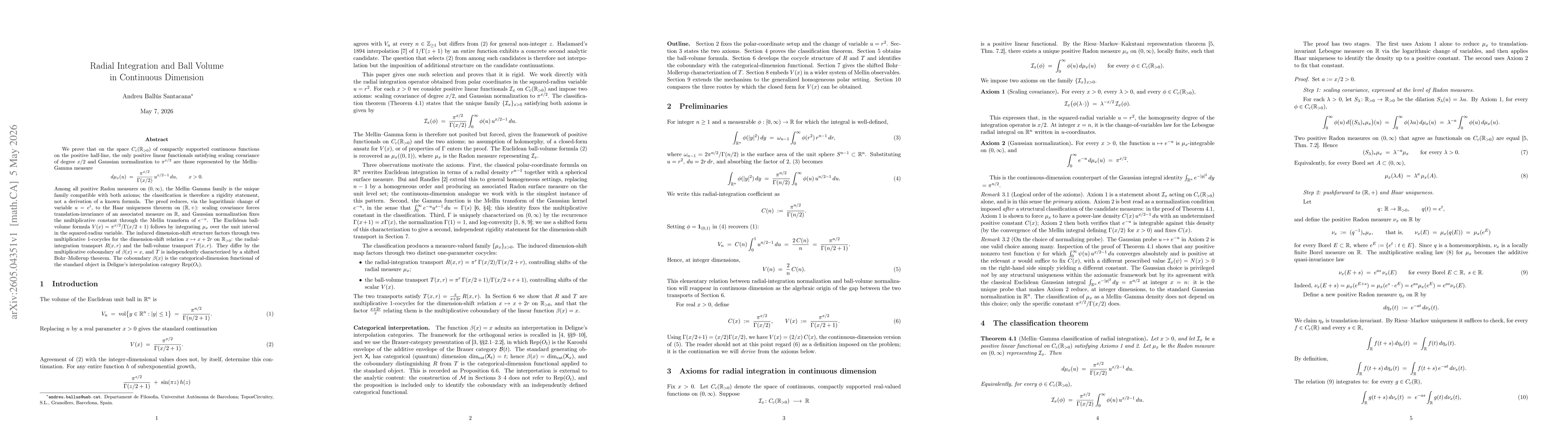 Thumbnail for Radial Integration in Continuous Dimension: A Mellin-Gamma Classification of Euclidean Ball Volume