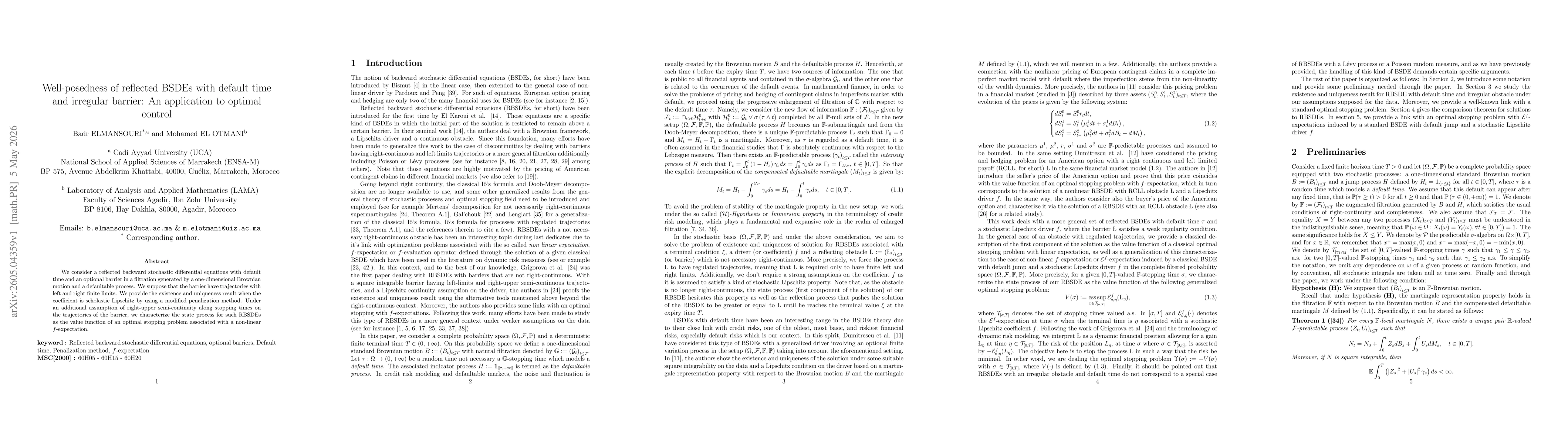 Thumbnail for Well-posedness of reflected BSDEs with default time and irregular barrier: An application to optimal control