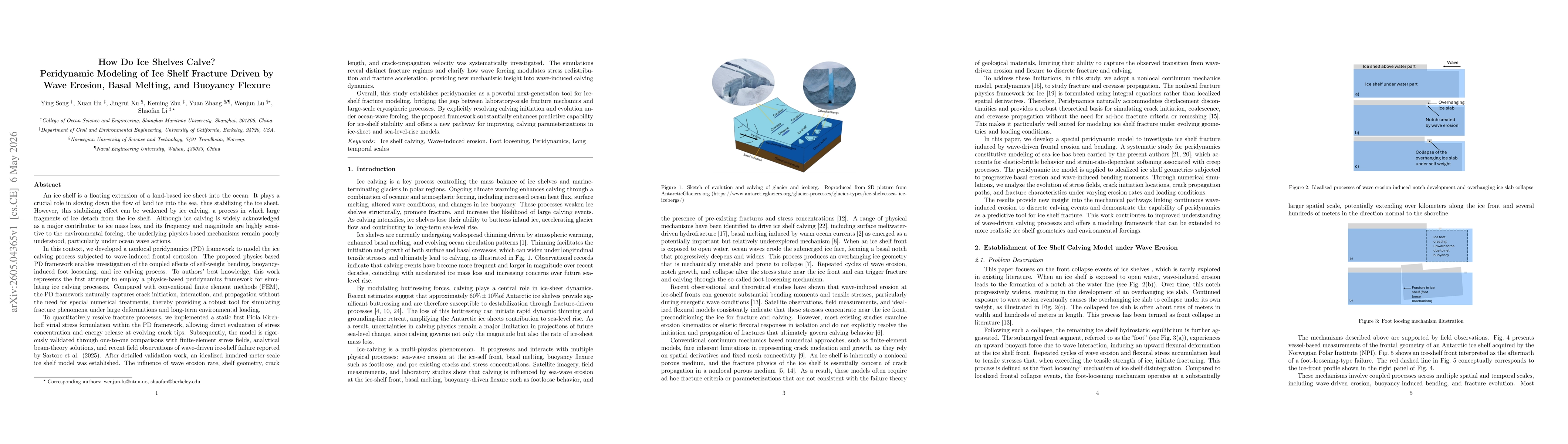 Thumbnail for How Do Ice Shelves Calve? Peridynamic Modeling of Ice Shelf Fracture Driven by Wave Erosion, Basal Melting, and Buoyancy Flexure