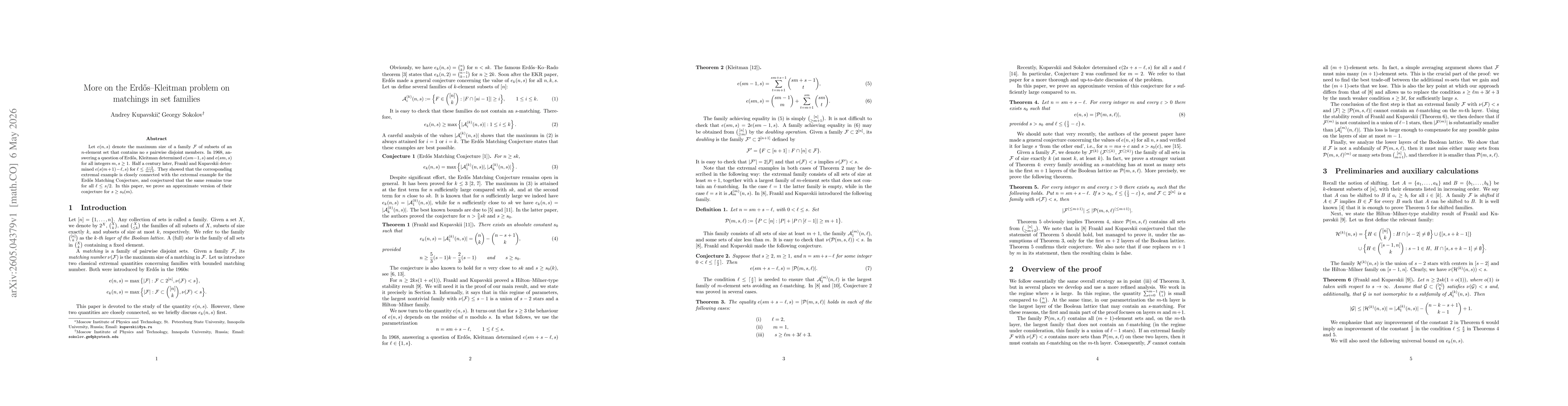Thumbnail for More on the Erd\H os--Kleitman problem on matchings in set families