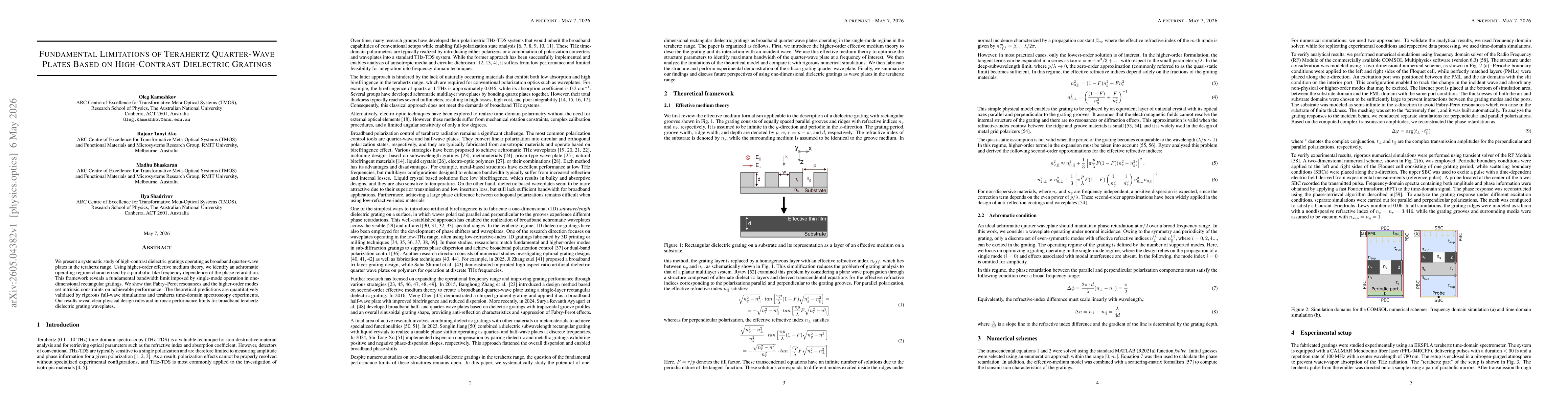 Thumbnail for Fundamental Limitations of Terahertz Quarter-Wave Plates Based on High-Contrast Dielectric Gratings