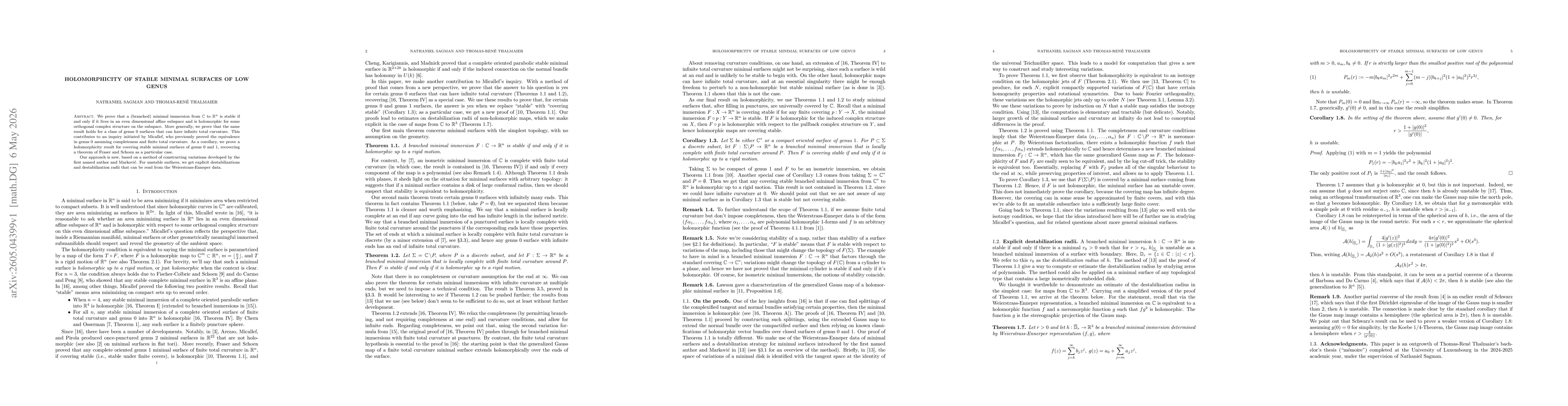 Thumbnail for Holomorphicity of stable minimal surfaces of low genus