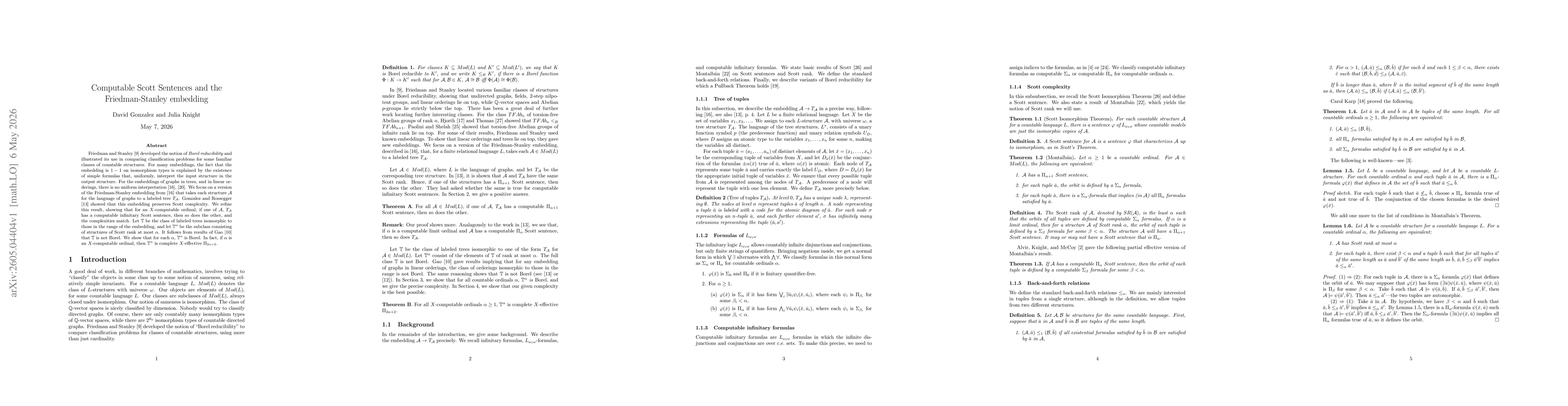 Thumbnail for Computable Scott Sentences and the Friedman-Stanley embedding
