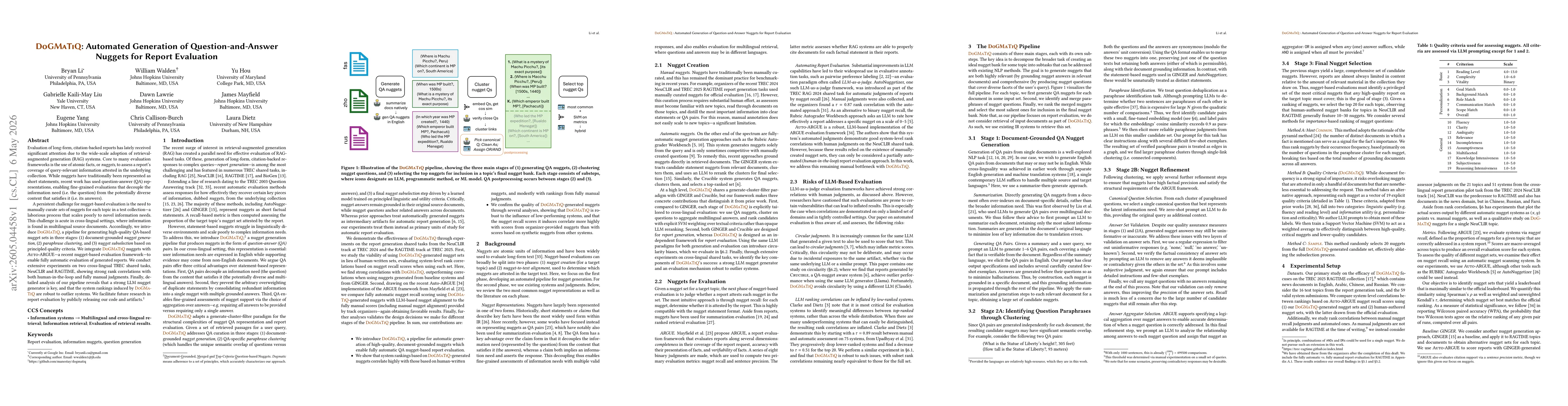 Thumbnail for DoGMaTiQ: Automated Generation of Question-and-Answer Nuggets for Report Evaluation