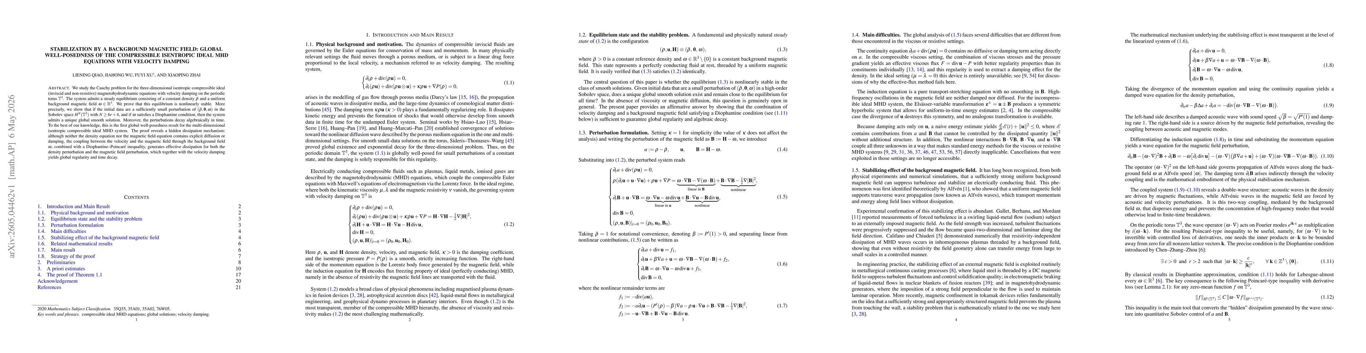 Thumbnail for Stabilization by a background magnetic field: global well-posedness of the compressible isentropic ideal MHD equations with velocity damping
