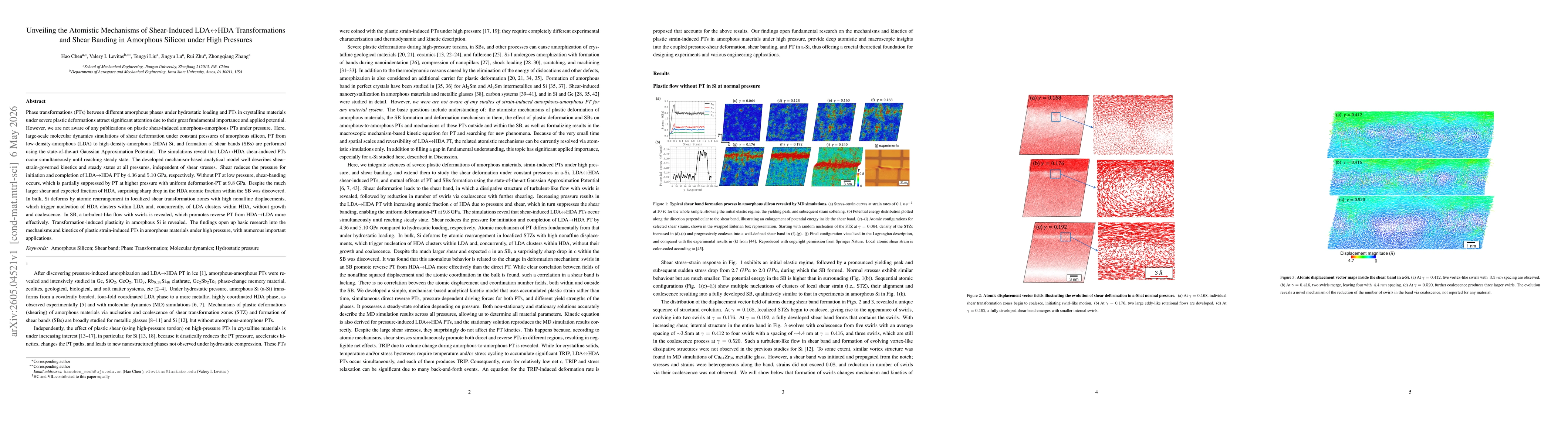 Thumbnail for Unveiling the Atomistic Mechanisms of Shear-Induced LDA$\leftrightarrow$HDA Transformations and Shear Banding in Amorphous Silicon under High Pressures