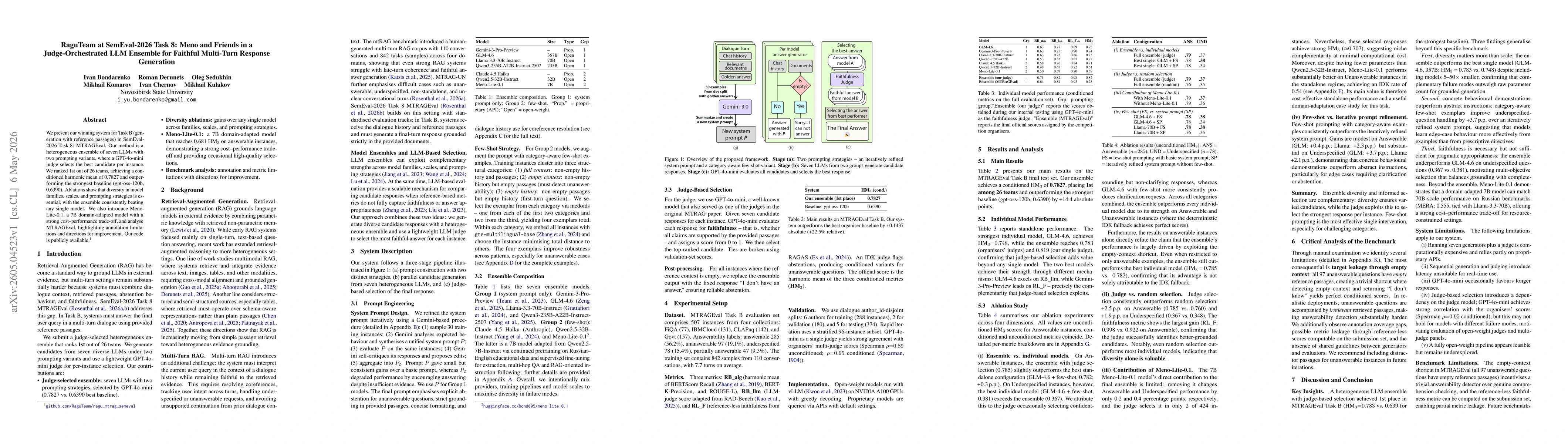 Thumbnail for RaguTeam at SemEval-2026 Task 8: Meno and Friends in a Judge-Orchestrated LLM Ensemble for Faithful Multi-Turn Response Generation