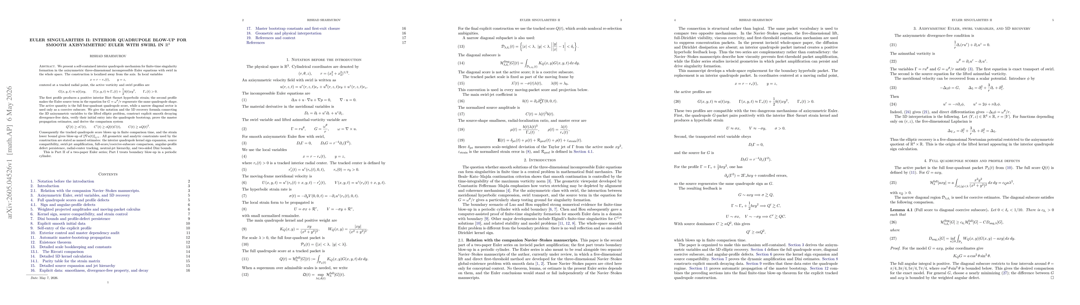 Thumbnail for Euler Singularities II: Interior Quadrupole Blow-Up for Smooth Axisymmetric Euler with Swirl in \texorpdfstring{$\mathbb R^3$}
