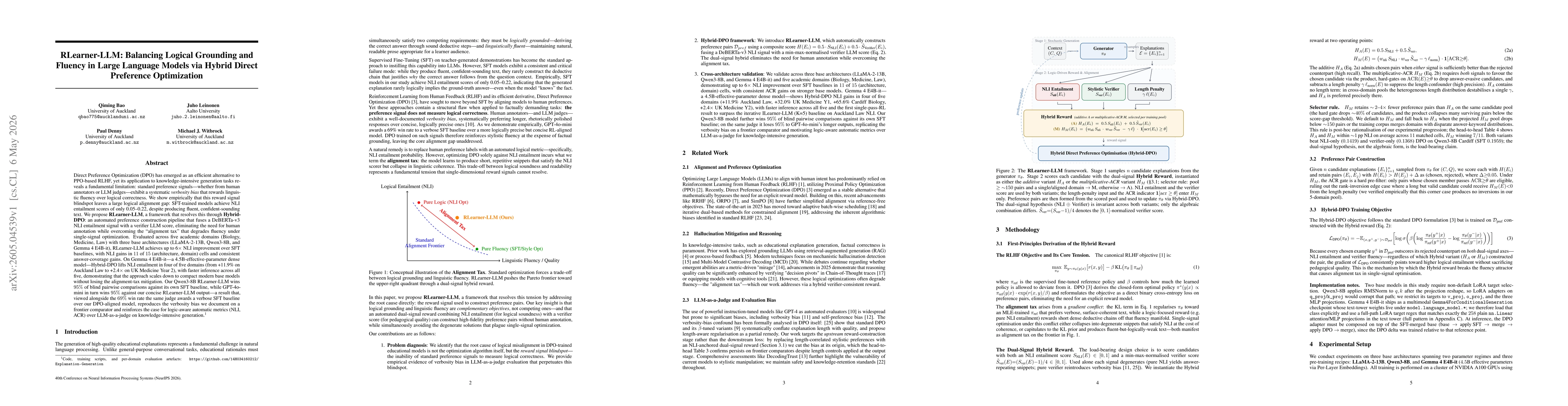 Thumbnail for RLearner-LLM: Balancing Logical Grounding and Fluency in Large Language Models via Hybrid Direct Preference Optimization