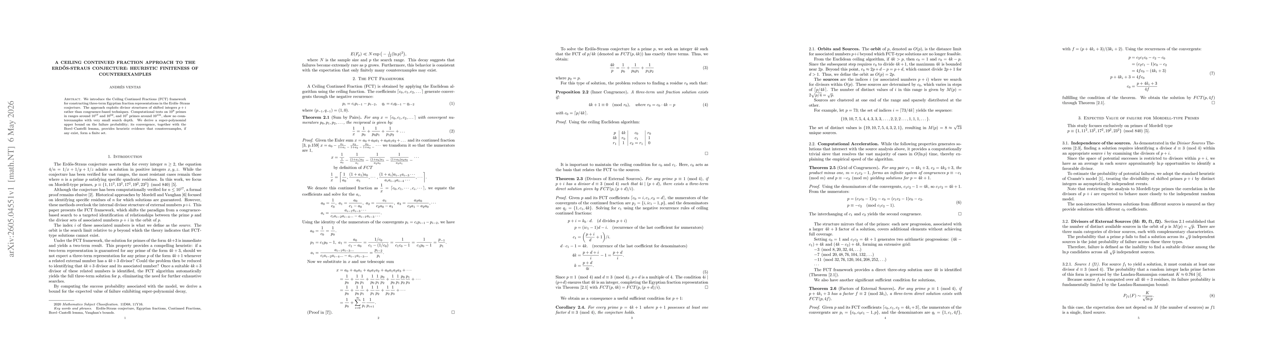 Thumbnail for A Ceiling Continued Fraction Approach to the Erdős-Straus Conjecture: Heuristic finiteness of counterexamples