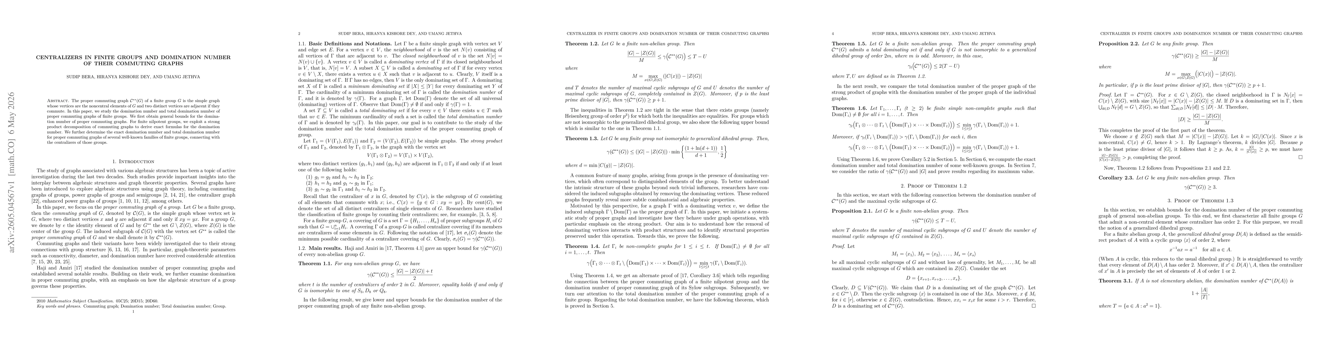 Thumbnail for Centralizers in finite groups and Domination number of their commuting graphs