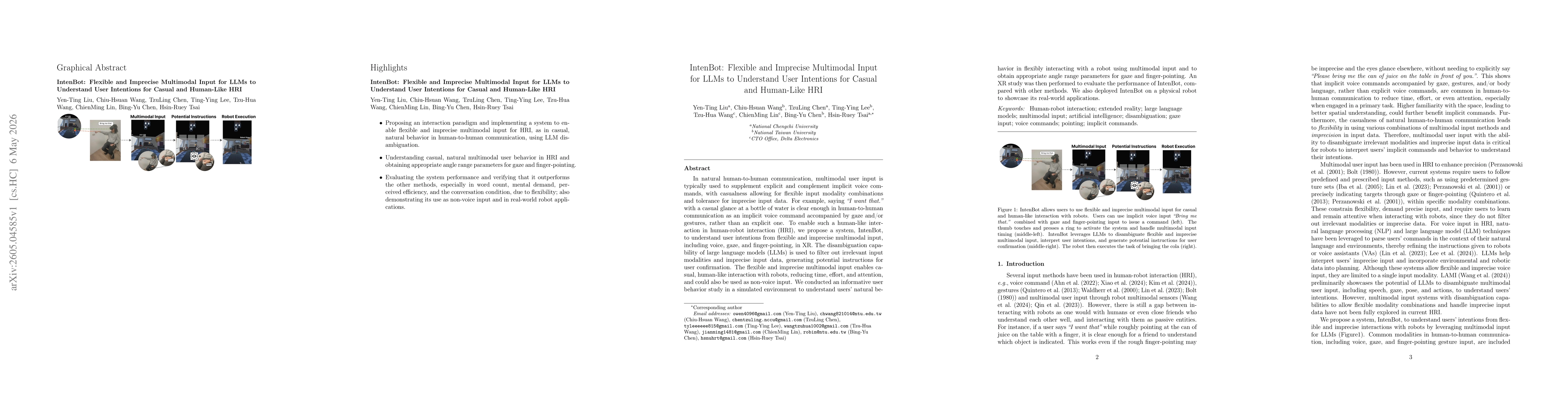 Thumbnail for IntenBot: Flexible and Imprecise Multimodal Input for LLMs to Understand User Intentions for Casual and Human-Like HRI