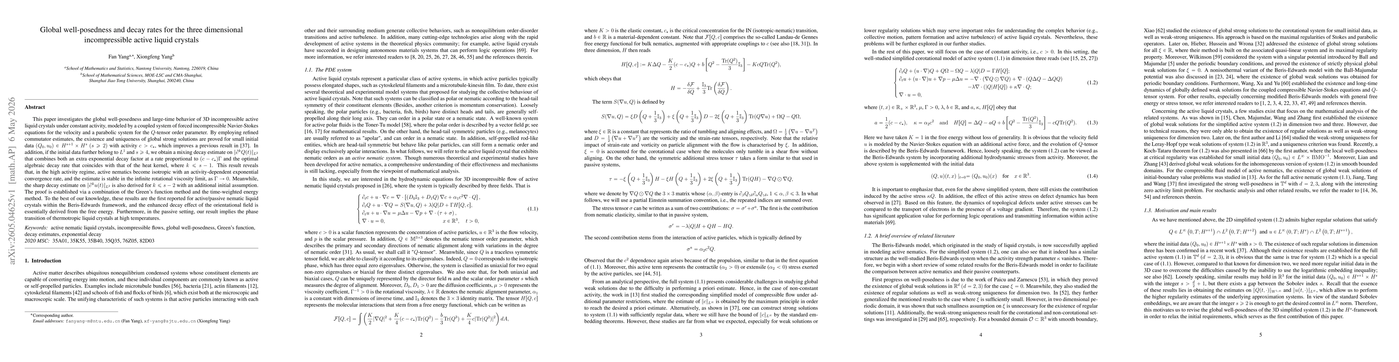 Thumbnail for Global well-posedness and decay rates for the three dimensional incompressible active liquid crystals
