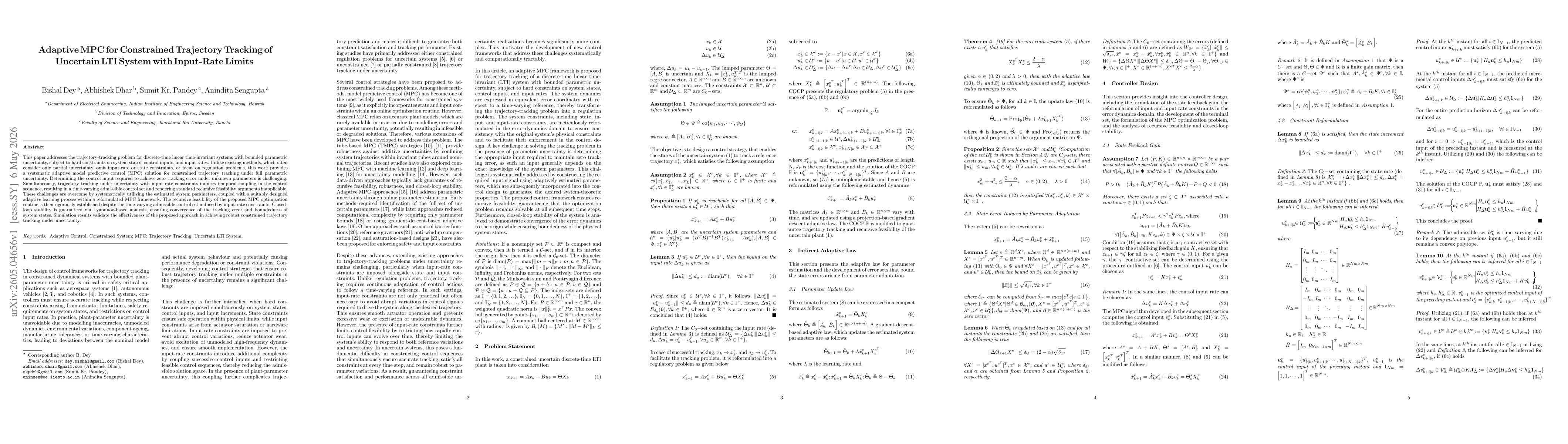 Thumbnail for Adaptive MPC for Constrained Trajectory Tracking of Uncertain LTI System with Input-Rate Limits