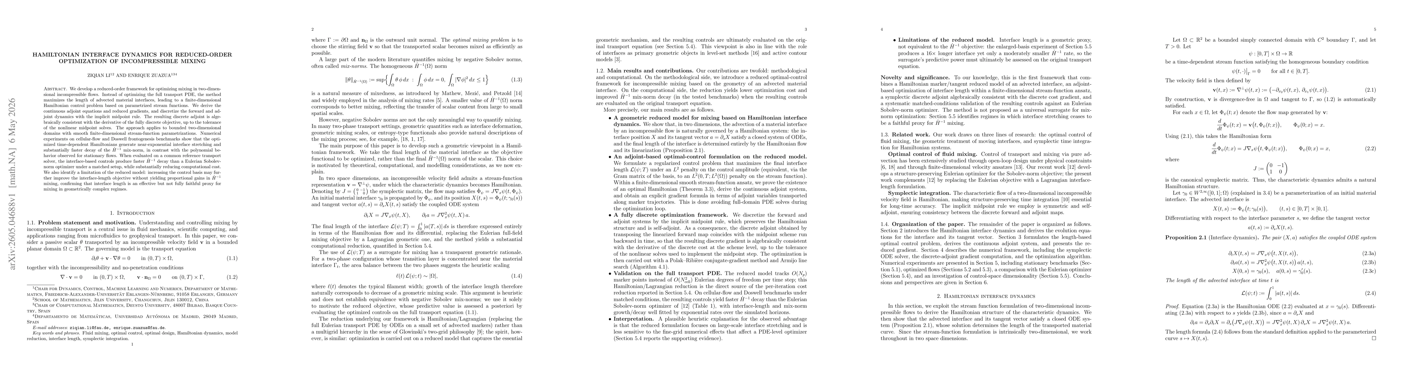 Thumbnail for Hamiltonian Interface Dynamics for Reduced-Order Optimization of Incompressible Mixing