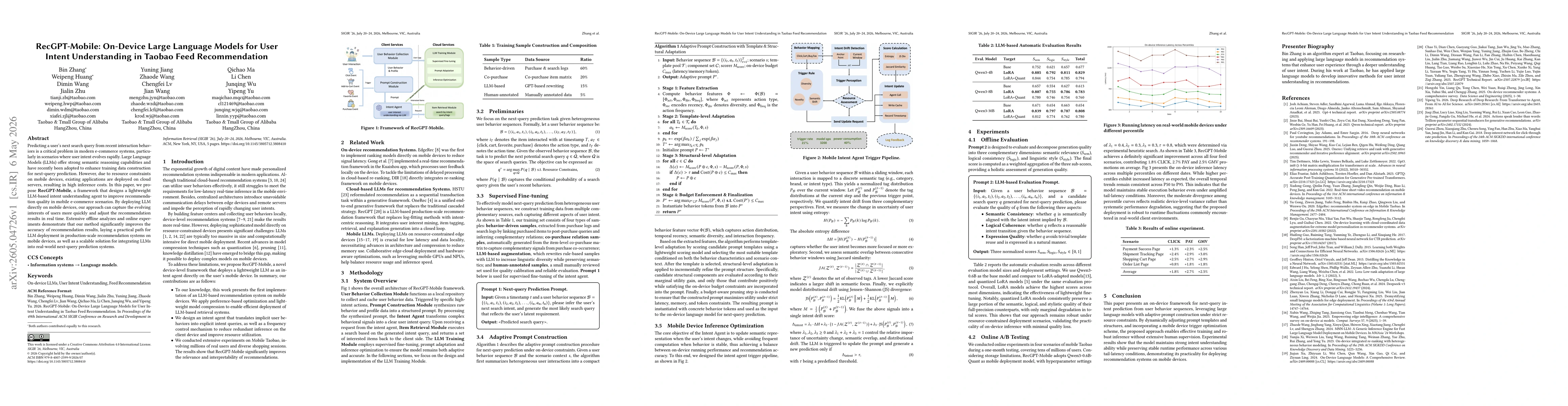 Thumbnail for RecGPT-Mobile: On-Device Large Language Models for User Intent Understanding in Taobao Feed Recommendation