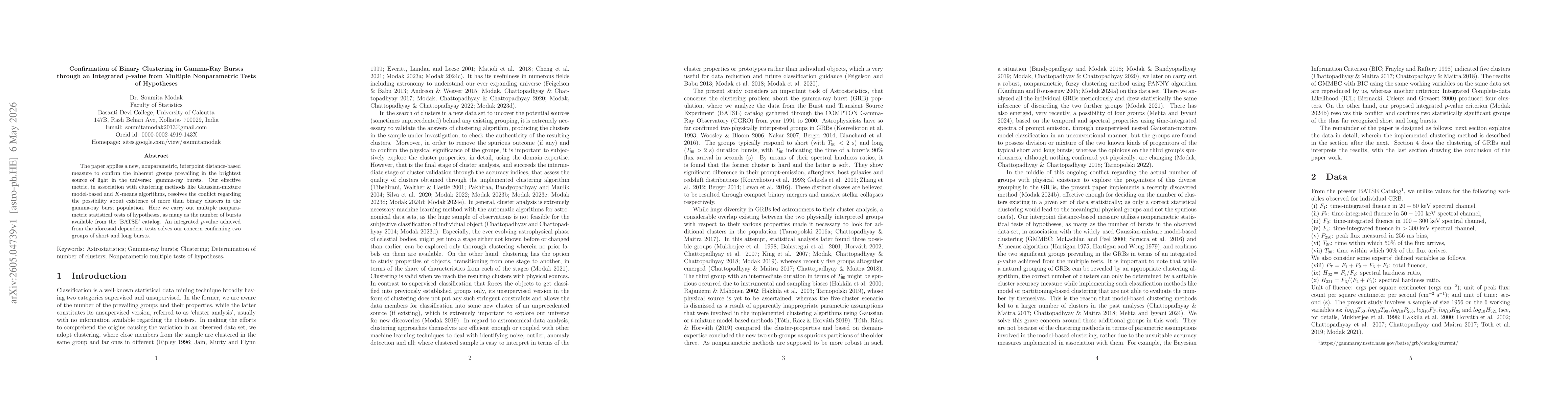 Thumbnail for Confirmation of Binary Clustering in Gamma-Ray Bursts through an Integrated $p$-value from Multiple Nonparametric Tests of Hypotheses