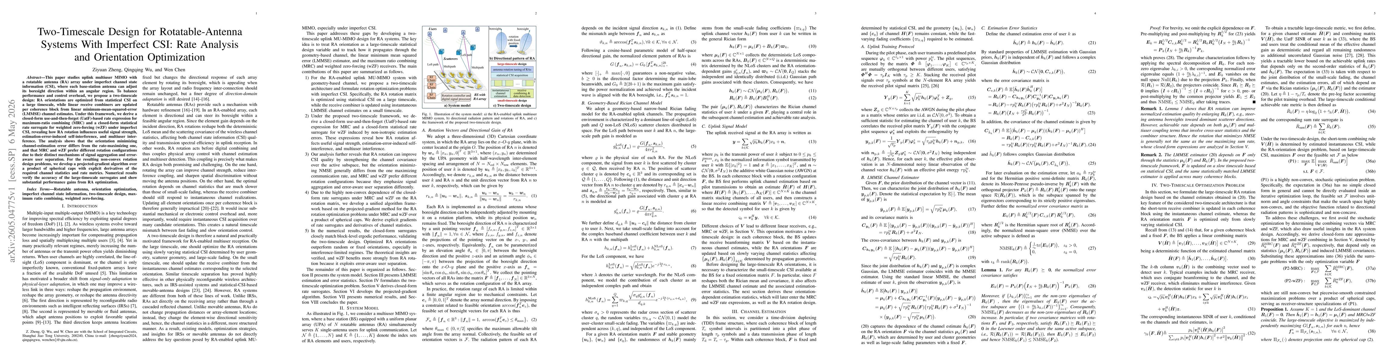 Thumbnail for Two-Timescale Design for Rotatable-Antenna Systems With Imperfect CSI: Rate Analysis and Orientation Optimization