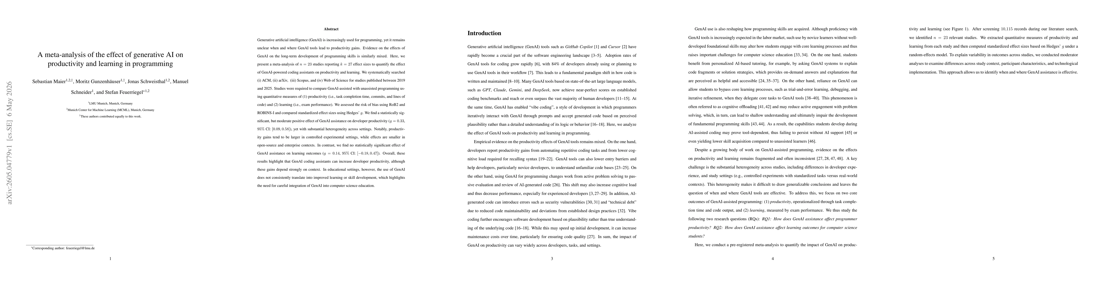 Thumbnail for A meta-analysis of the effect of generative AI on productivity and learning in programming