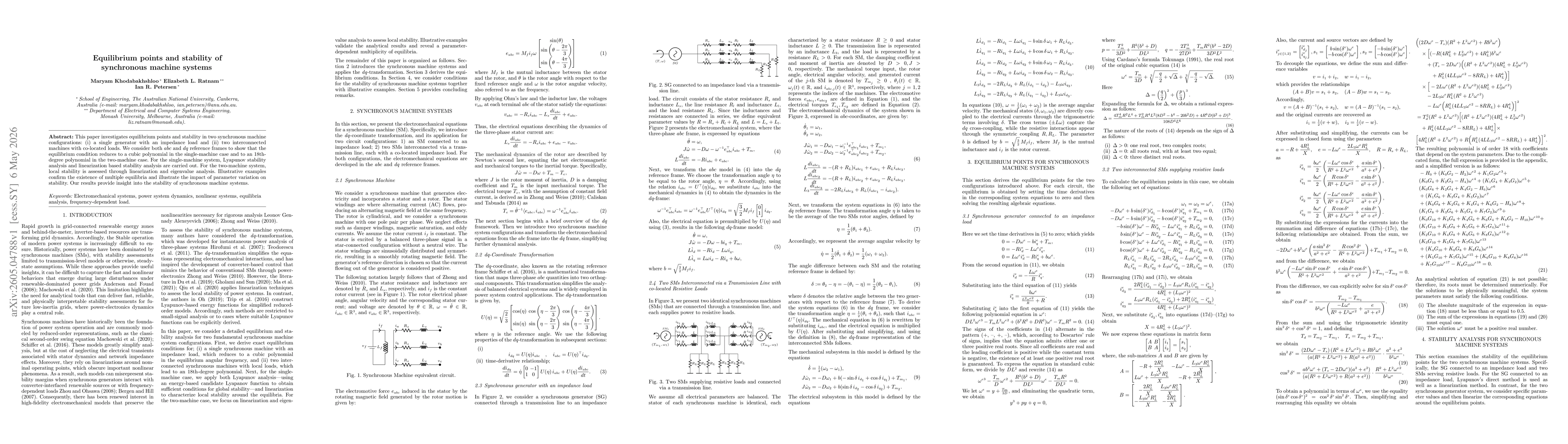 Thumbnail for Equilibrium points and stability of synchronous machine systems