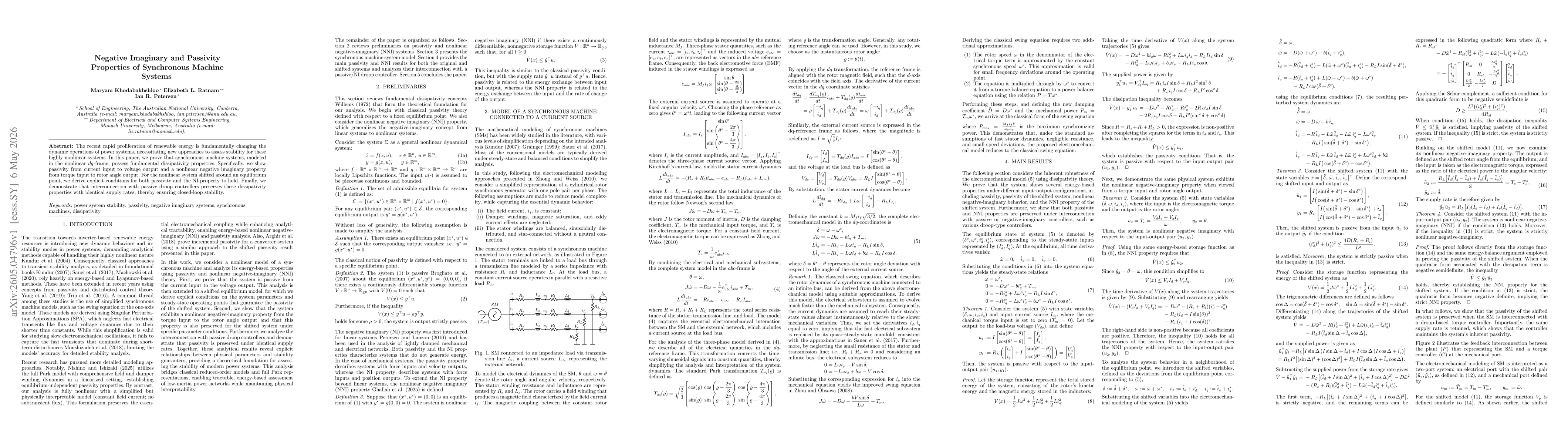 Thumbnail for Negative Imaginary and Passivity Properties of Synchronous Machine Systems