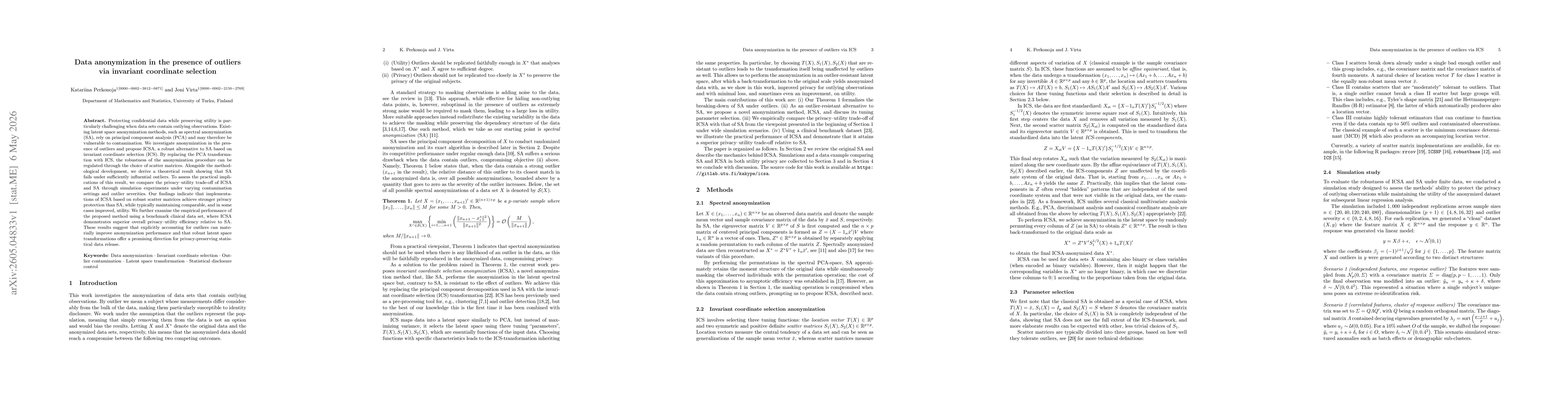Thumbnail for Data anonymization in the presence of outliers via invariant coordinate selection