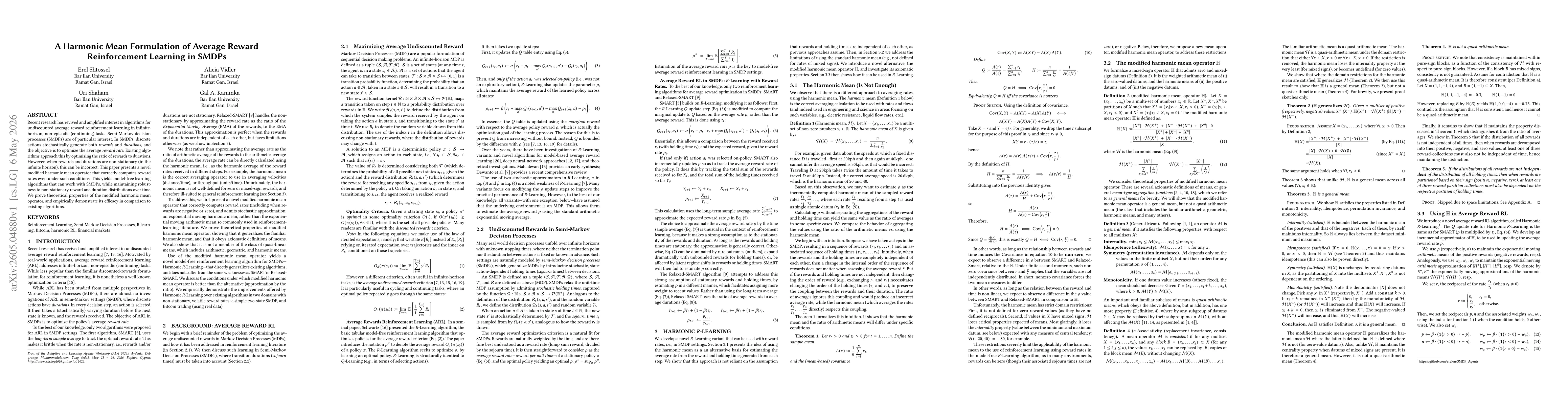 Thumbnail for A Harmonic Mean Formulation of Average Reward Reinforcement Learning in SMDPs