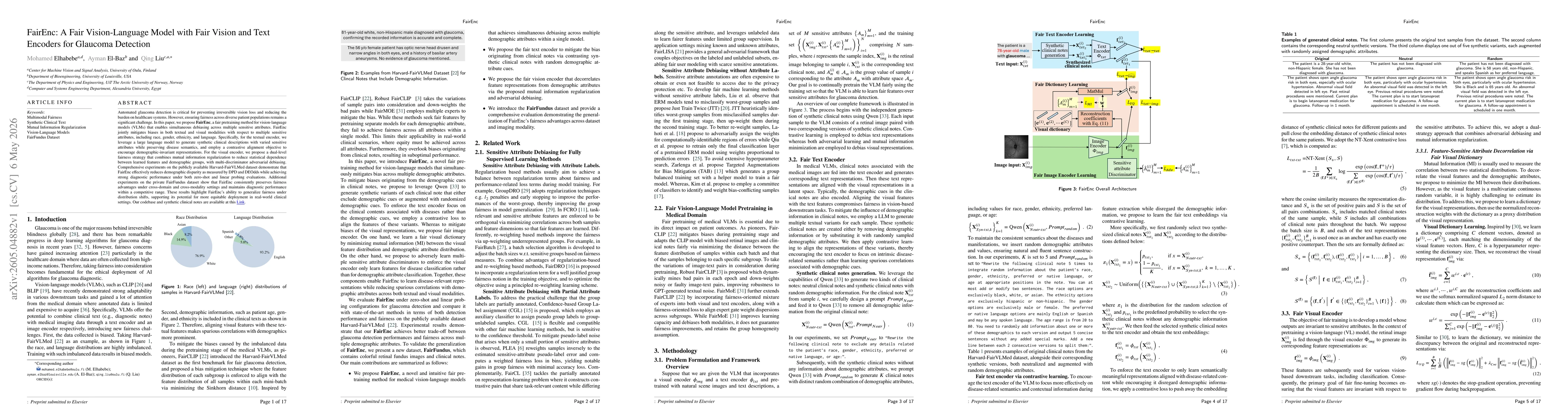 Thumbnail for FairEnc: A Fair Vision-Language Model with Fair Vision and Text Encoders for Glaucoma Detection