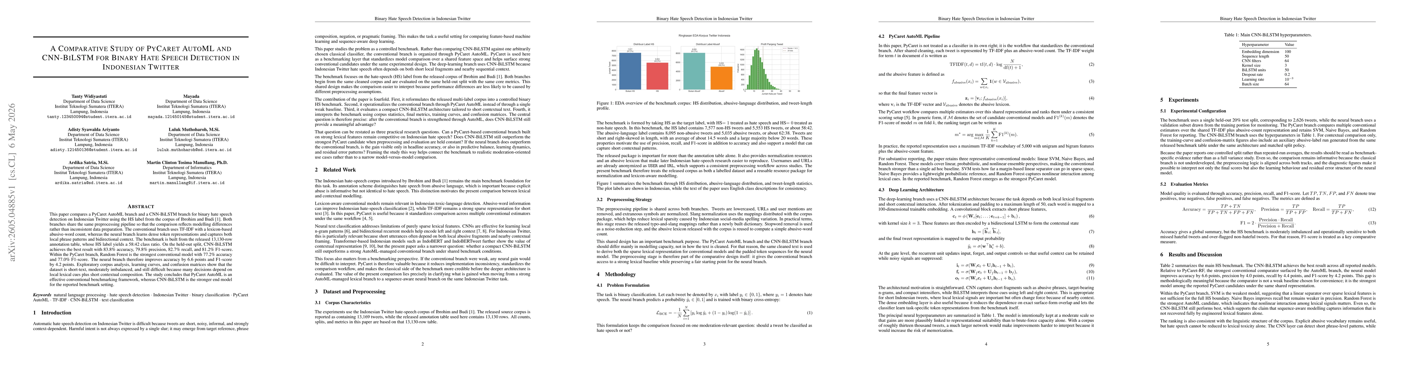 Thumbnail for A Comparative Study of PyCaret AutoML and CNN-BiLSTM for Binary Hate Speech Detection in Indonesian Twitter