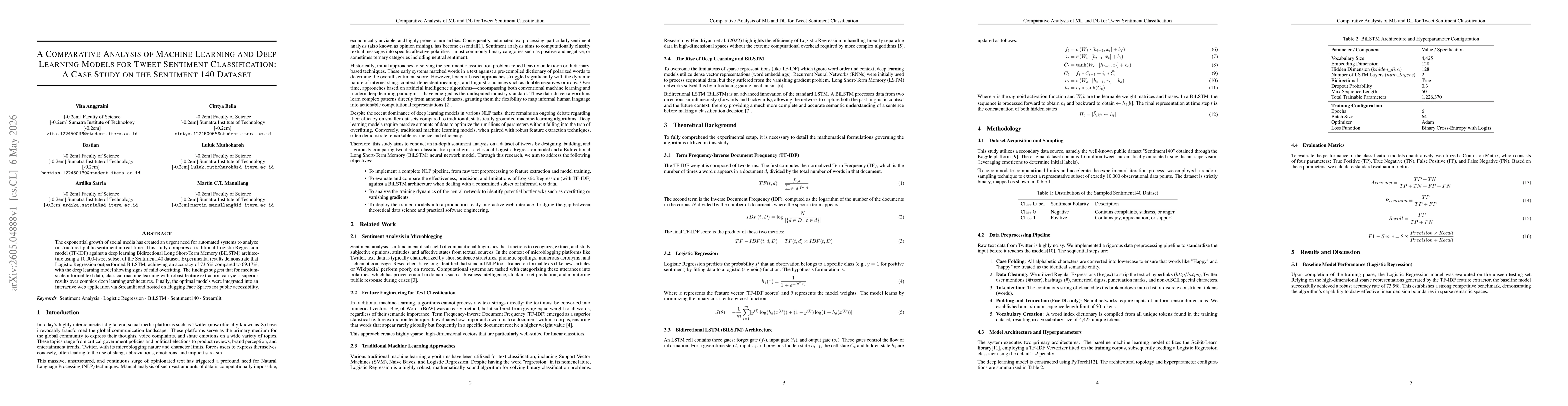 Thumbnail for A Comparative Analysis of Machine Learning and Deep Learning Models for Tweet Sentiment Classification: A Case Study on the Sentiment140 Dataset