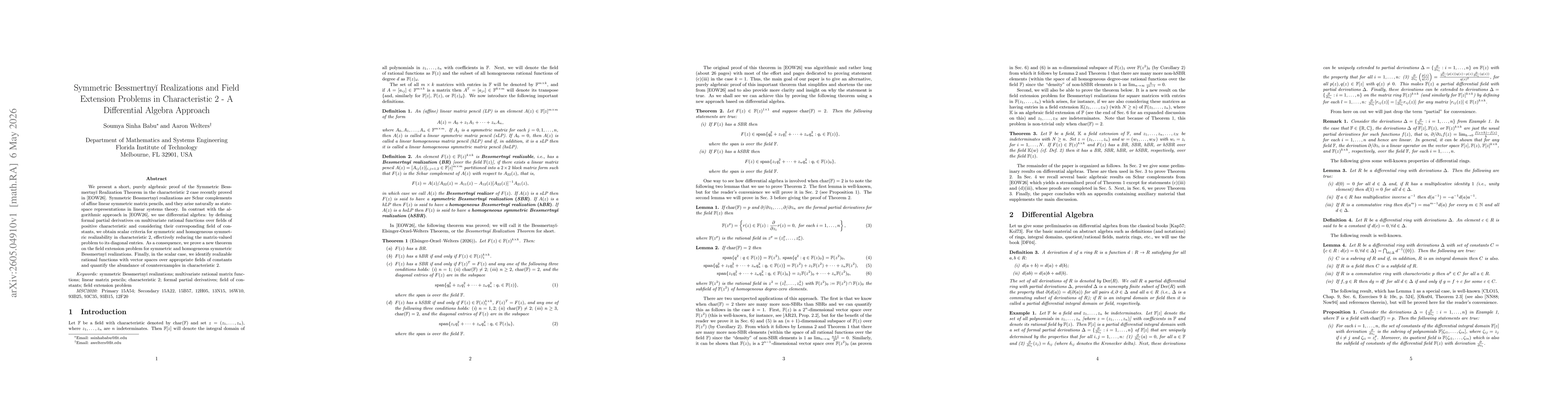 Thumbnail for Symmetric Bessmertnyĭ Realizations and Field Extension Problems in Characteristic 2 - A Differential Algebra Approach