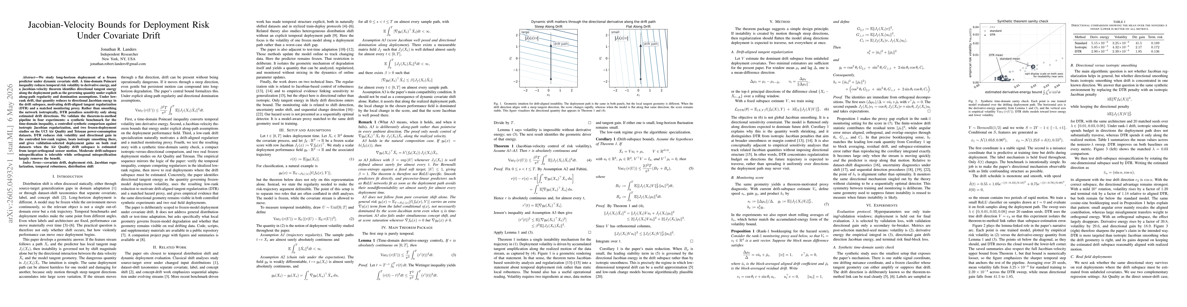 Thumbnail for Jacobian-Velocity Bounds for Deployment Risk Under Covariate Drift
