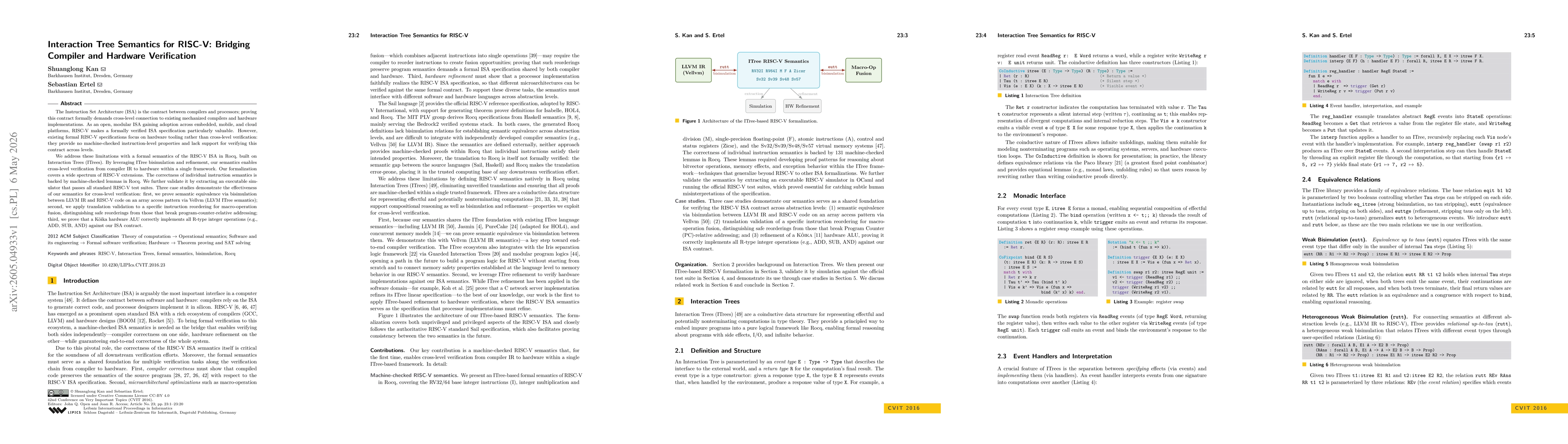 Thumbnail for Interaction Tree Semantics for RISC-V: Bridging Compiler and Hardware Verification