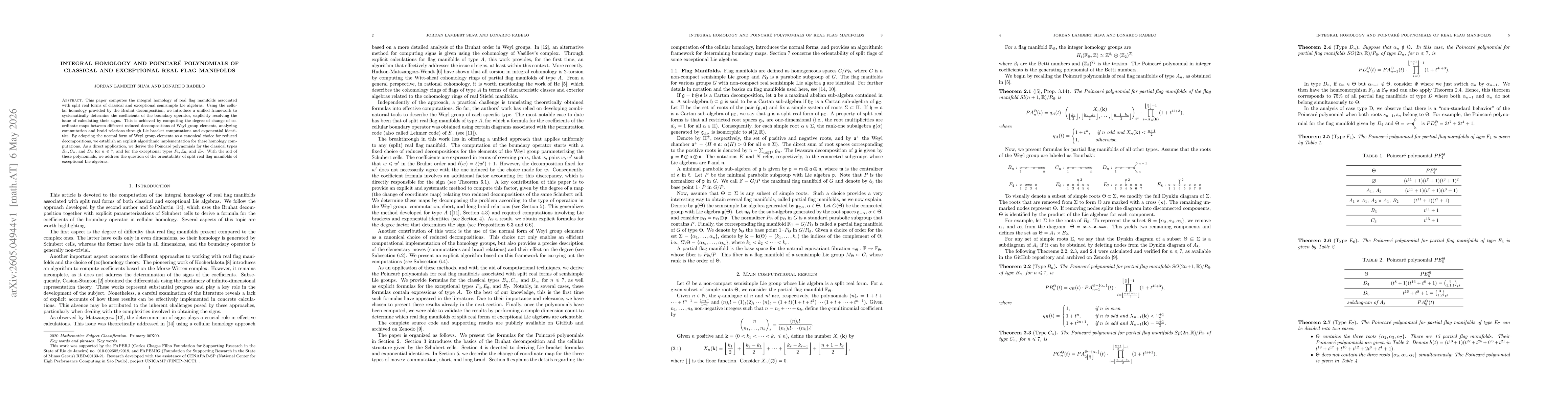 Thumbnail for Integral Homology and Poincaré Polynomials of classical and exceptional Real Flag Manifolds