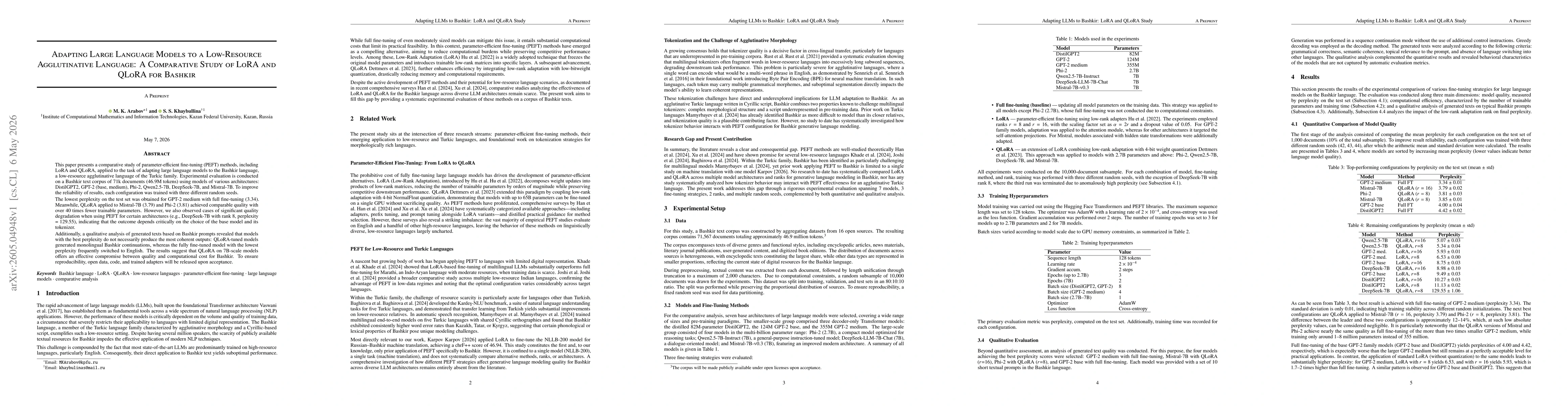 Thumbnail for Adapting Large Language Models to a Low-Resource Agglutinative Language: A Comparative Study of LoRA and QLoRA for Bashkir