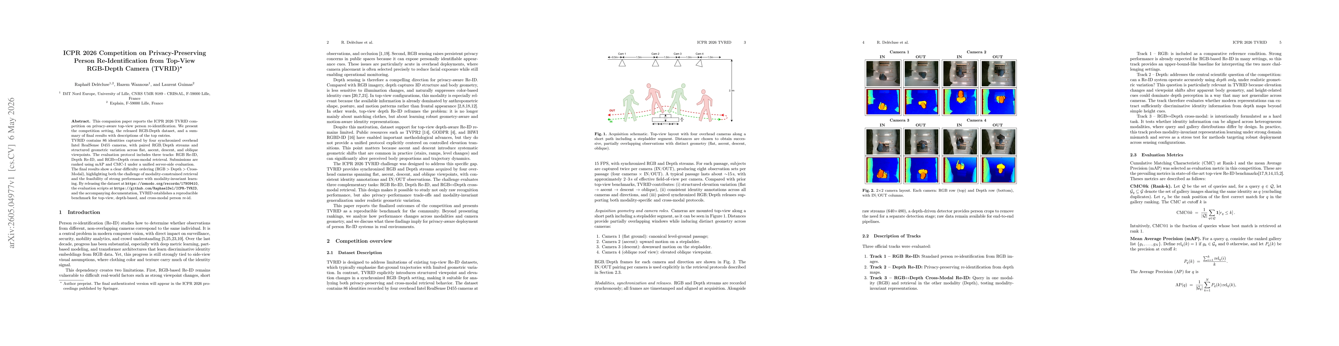 Thumbnail for ICPR 2026 Competition on Privacy-Preserving Person Re-Identification from Top-View RGB-Depth Camera (TVRID)
