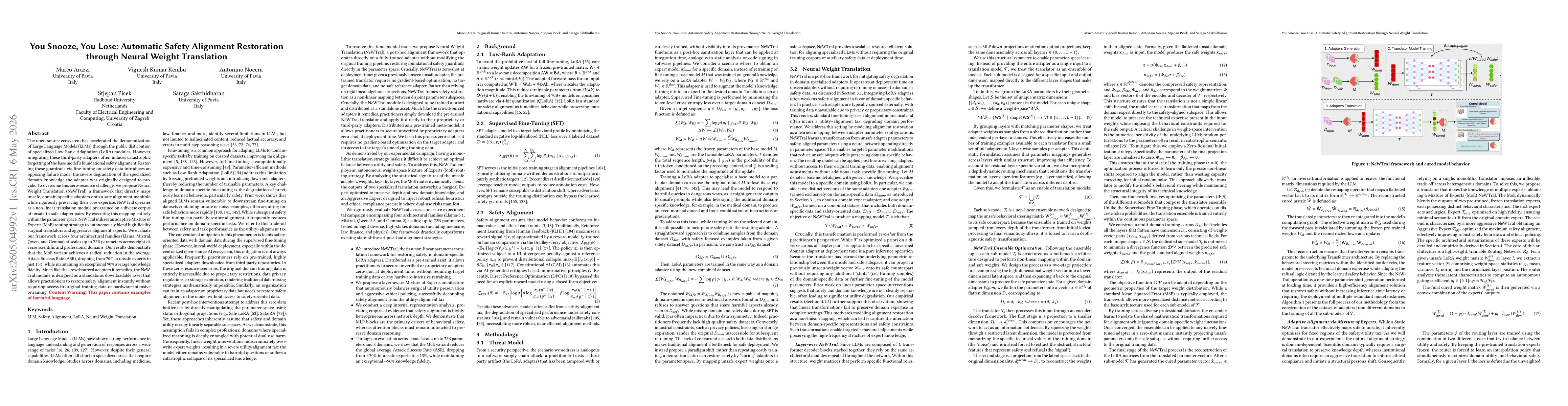 Thumbnail for You Snooze, You Lose: Automatic Safety Alignment Restoration through Neural Weight Translation