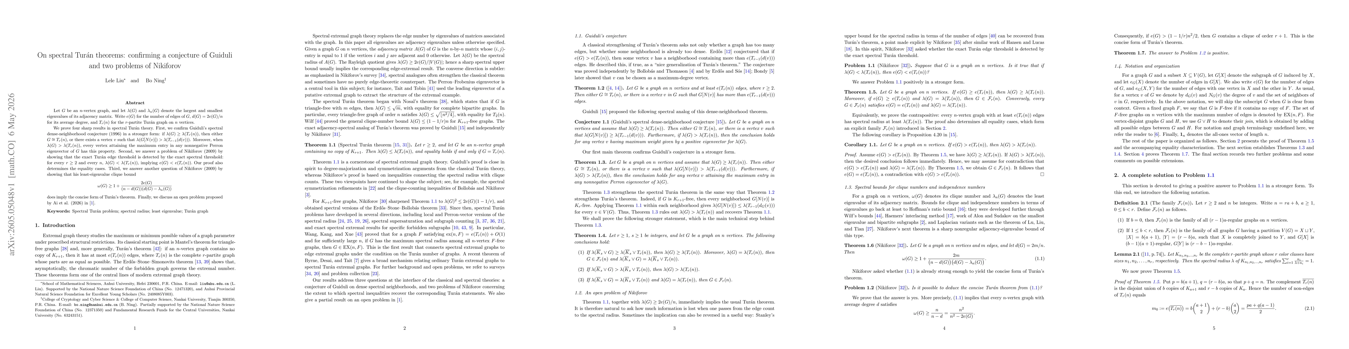 Thumbnail for On spectral Turán theorems: confirming a conjecture of Guiduli and two problems of Nikiforov