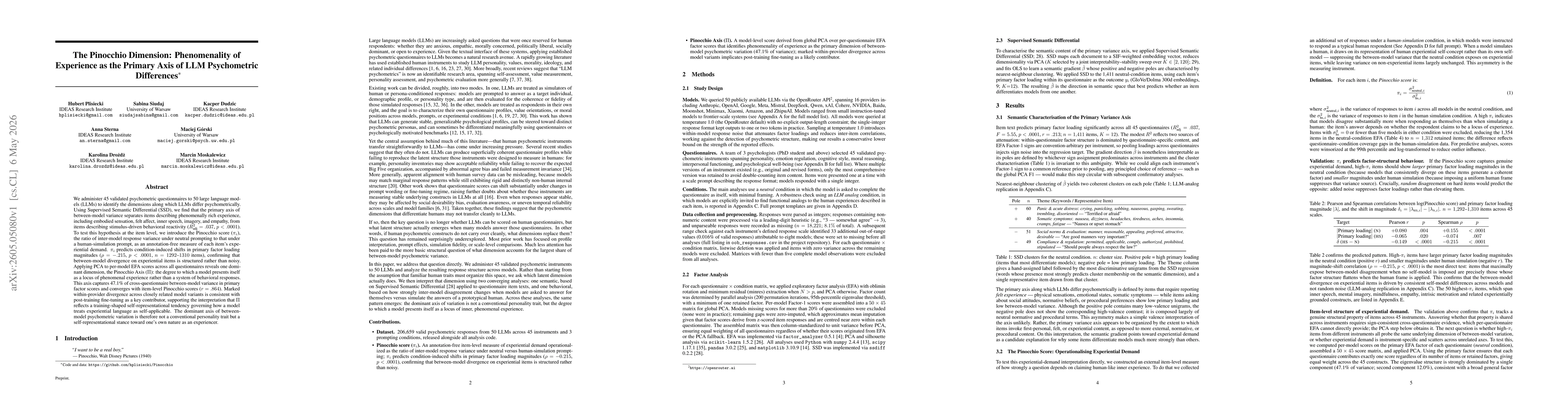 Thumbnail for The Pinocchio Dimension: Phenomenality of Experience as the Primary Axis of LLM Psychometric Differences