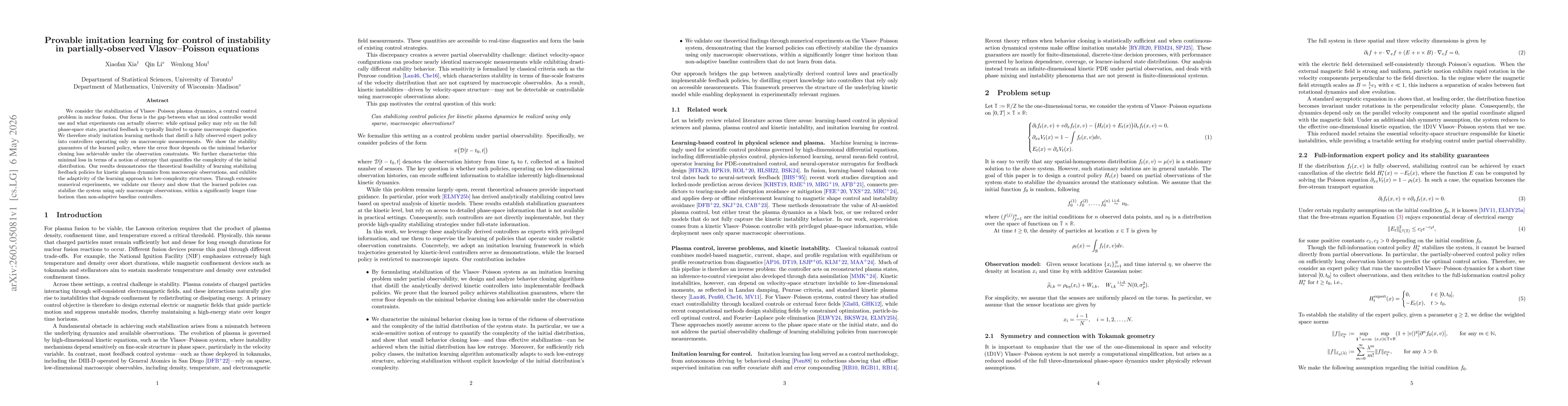 Thumbnail for Provable imitation learning for control of instability in partially-observed Vlasov--Poisson equations
