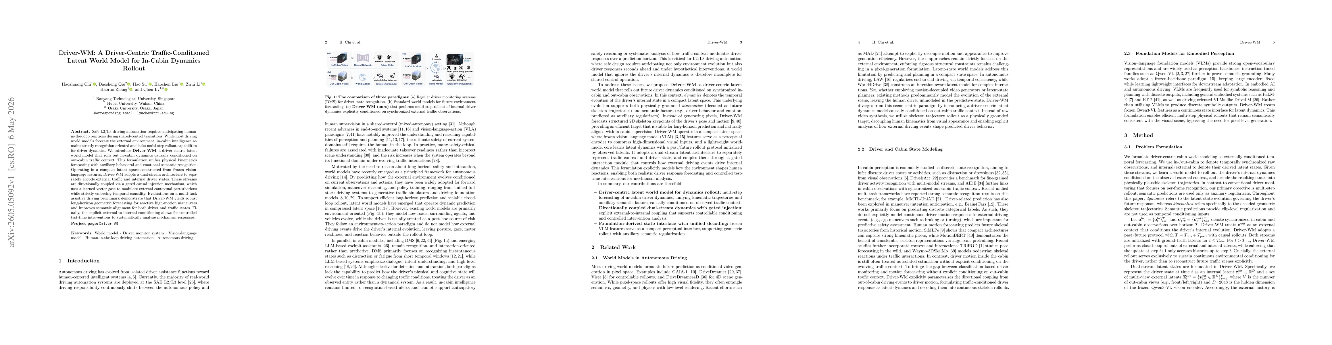 Thumbnail for Driver-WM: A Driver-Centric Traffic-Conditioned Latent World Model for In-Cabin Dynamics Rollout